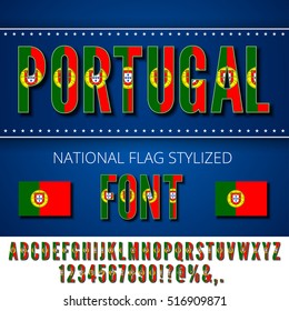 Portugal National flag flat stylized Font. Alphabet and Numbers in Vector Set