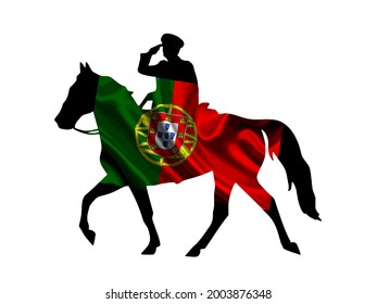 Portugal national flag pinned on stallion horse and officer silhouette