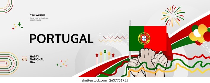 Portugal National and Independence Day modern greeting banner. 1 December Happy Portugal Day. Festive horizontal background with flag colors, great for carnival poster, celebrations, and sports