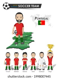 Portugal national soccer cup team . Football player with sports jersey stand on perspective field country map and world map . Set of footballer positions . Cartoon character flat design . Vector .