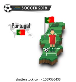 Portugal national soccer team . Football player and flag on 3d design country map . isolated background . Vector for international world championship tournament 2018 concept .