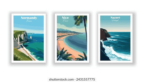 Nazaré, Portugal. Nice, France. Normandy, France - Set of 3 Vintage Travel Posters. Vector illustration. High Quality Prints