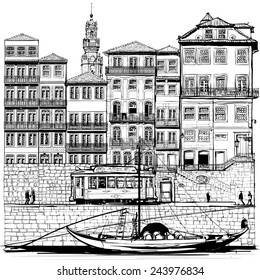 Portugal, old Porto and traditional boat - Vector illustration