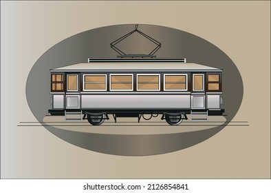 Portugal old vintage tram for people. Vector illustration of the classic european street tramcar,logo design of retro trolley 