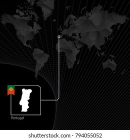 Portugal on black World Map. Map and flag of Portugal.