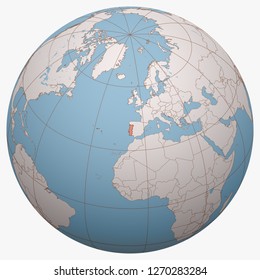 Portugal on the globe. Earth hemisphere centered at the location of the Portuguese Republic. Portugal map.