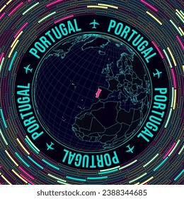 Portugal on globe. Satellite view of the world centered on Portugal. Bright neon style. Futuristic radial bricks background. Radiant vector illustration.