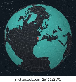 Portugal on Globe. Vintage look with grunge scratched texture. Country view on world map in Dark Charcoal Turquoise color palette. Portugal shape on map. Globe with meridians and parallels.