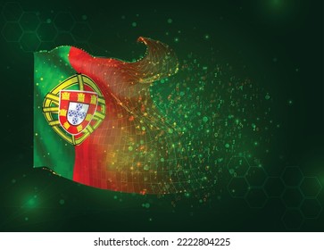 Portugal, sobre el pabellón vectorial 3d sobre el fondo verde con polígonos y números de datos