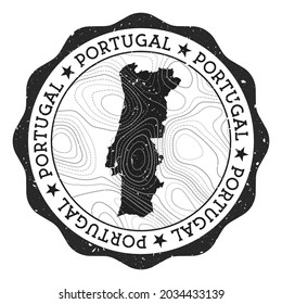 Portugal outdoor stamp. Round sticker with map of country with topographic isolines. Vector illustration. Can be used as insignia, logotype, label, sticker or badge of the Portugal.