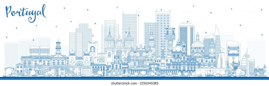 Portugal. Outline City Skyline with Blue Buildings. Vector Illustration. Concept with Modern and Historic Architecture. Portugal Cityscape with Landmarks. Porto and Lisbon.