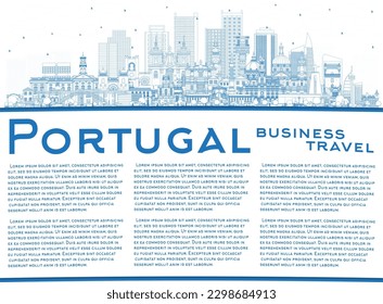 Portugal. Outline City Skyline with Blue Buildings and Copy Space. Vector Illustration. Concept with Modern and Historic Architecture. Portugal Cityscape with Landmarks. Porto and Lisbon.