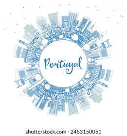 Portugal. Outline City Skyline with Blue Buildings and Copy Space. Vector Illustration. Concept with Modern and Historic Architecture. Portugal Cityscape with Landmarks. Porto and Lisbon.