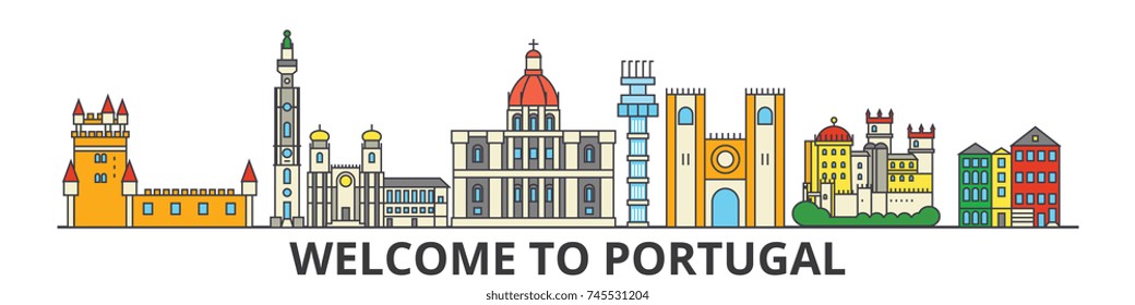 Portugal outline skyline, Portuguese flat thin line icons, landmarks, illustrations. Portugal cityscape, Portuguese travel city vector banner. Urban silhouette