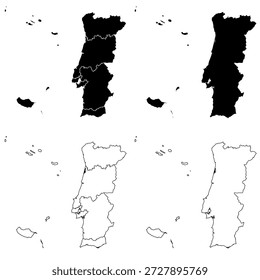 Conjunto de mapas de contorno y relleno sólido de Portugal.