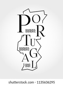 Portugal, Outline Typographic Map, Stylized Concept