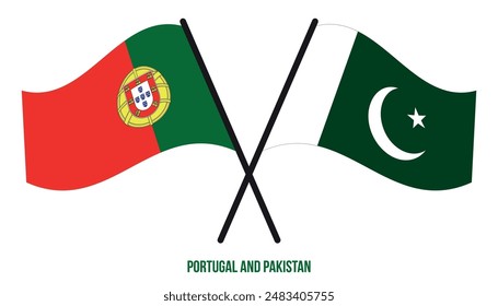 Portugal and Pakistan Flags Crossed And Waving Flat Style. Official Proportion. Correct Colors.