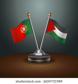 Tischfahnen aus Portugal und Palästina mit Farbverlauf-Hintergrund. Vektorgrafik