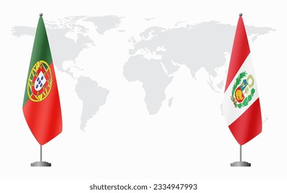 Portugal and Peru flags for official meeting against background of world map.