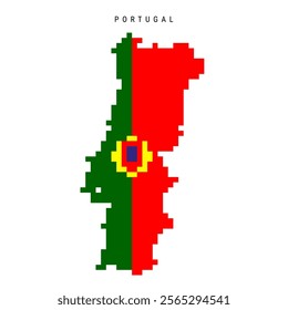 Portugal pixel flag map icon. 8 bit pixel art Portuguese map covered with flag. Flat vector illustration isolated on white background.