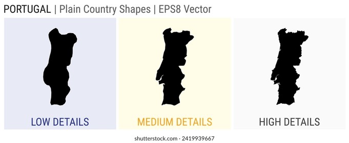 Portugal - plain country shape. Low, medium and high detailed maps of Portugal. EPS8 Vector illustration.