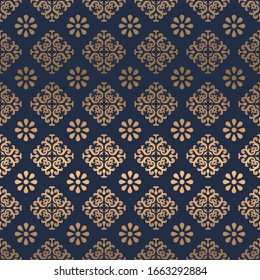 Portugal plants azulejos tile seamless patterns. gold and blue ornament Luxury tile. Graphic modern pattern, Zellige tile seamless vector background