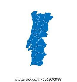 Portugal political map of administrative divisions - districts. Solid blue blank vector map with white borders.