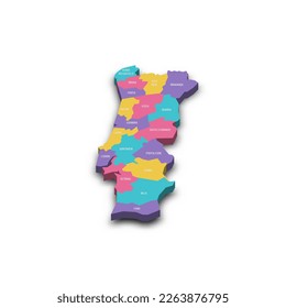 Portugal political map of administrative divisions - districts. Colorful 3D vector map with dropped shadow and country name labels.