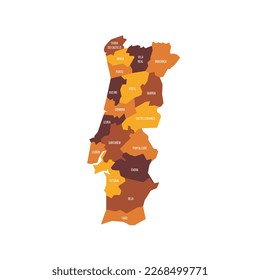 Portugal political map of administrative divisions - districts. Flat vector map with name labels. Brown - orange color scheme.
