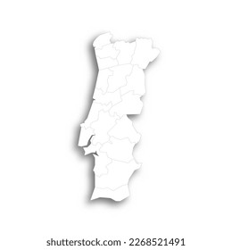 Portugal political map of administrative divisions - districts. Flat white blank map with thin black outline and dropped shadow.