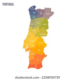 Portugal political map of administrative divisions - districts. Colorful spectrum political map with labels and country name.