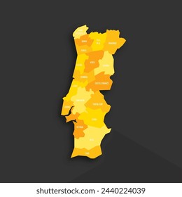 Portugal political map of administrative divisions - districts. Yellow shade flat vector map with name labels and dropped shadow isolated on dark grey background.