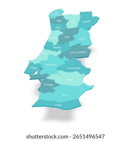 Portugal mapa político de divisões administrativas - distritos. Mapa de vetor turquesa 3D com rótulos de nome.