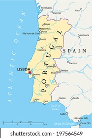 Portugal Political Map with capital Lisbon, national borders, most important cities, rivers and lakes. Vector illustration with English labeling and scaling.