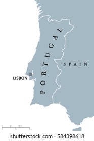 Portugal political map with capital Lisbon and neighbor countries. Republic on the Iberian Peninsula in Southwestern Europe. Gray illustration with English labeling on white background. Vector.