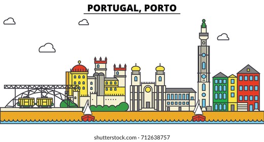 Portugal, Porto. City skyline: architecture, buildings, streets, silhouette, landscape, panorama, landmarks. Editable strokes. Flat design line vector illustration concept. Isolated icons set