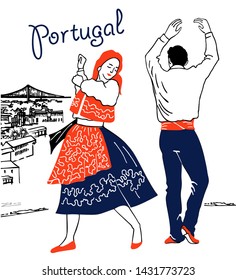 Portugal. Danza folclórica portuguesa, danza folia, paisaje portugués. Fadu. Disfraz popular de Portugal llamado Lavradeira. Paisaje de Portugal. El paisaje de Lisboa.