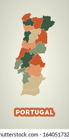 Portugal poster in retro style. Map of the country with regions in autumn color palette. Shape of Portugal with country name. Radiant vector illustration.