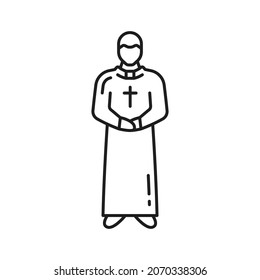 Portugal priest in robe and cross isolated man in long gown thin line icon. Vector religion man with cross, missionary clergyman, pastor in uniform outline sign. Portuguese Roman Catholic priest