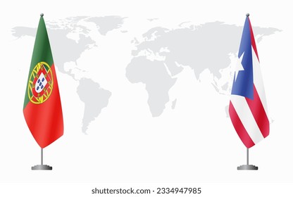 Portugal and Puerto Rico flags for official meeting against background of world map.