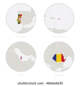 Portugal, Puerto Rico, Qatar, Romania map contour and national flag in a circle. Vector Illustration.