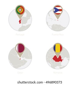 Portugal, Puerto Rico, Qatar, Romania map and flag in circle. Vector Illustration.
