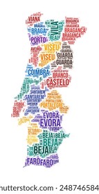 Portugal region word cloud. Country shape design. Portugal colored illustration. Region names collage cloud. Vector illustration.