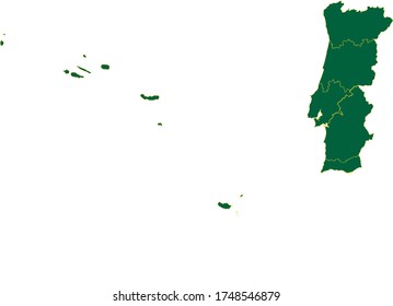 Portugal Regions map in green color and yellow border on white background. Vector illustration.