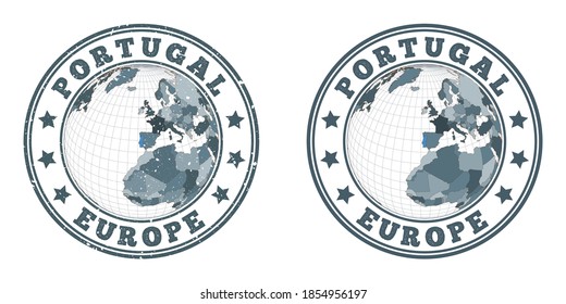 Portugal round logos. Circular badges of the country with a map of Portugal in a world context. Plain and textured country stamps. Vector illustration.