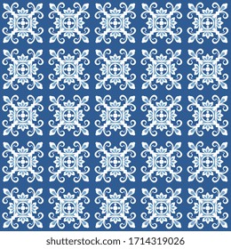 Portugal royal vector pattern seamless vintage tiles, Traditional ornate portuguese decorative blue tiles azulejos. ideal for greeting card banner or wallpaper design.