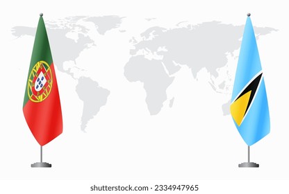Portugal and Saint Lucia flags for official meeting against background of world map.
