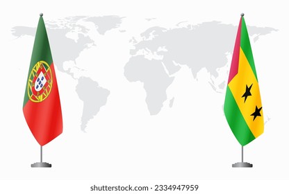 Portugal and Sao Tome and Principe flags for official meeting against background of world map.
