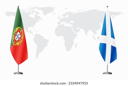 Portugal and Scotland flags for official meeting against background of world map.
