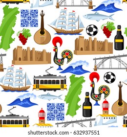 Portugal seamless pattern. Portuguese national traditional symbols and objects.